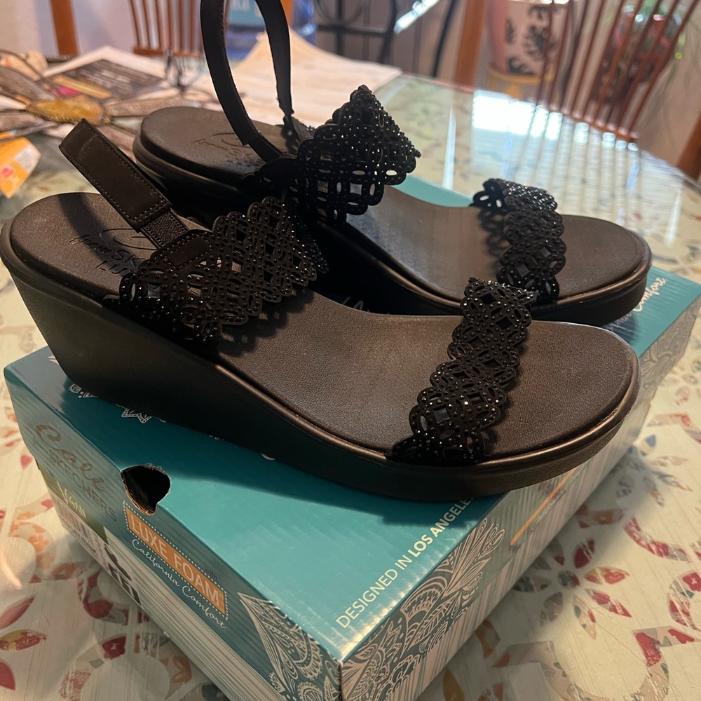 Skechers Black Wedge Sandals with Strappy Design